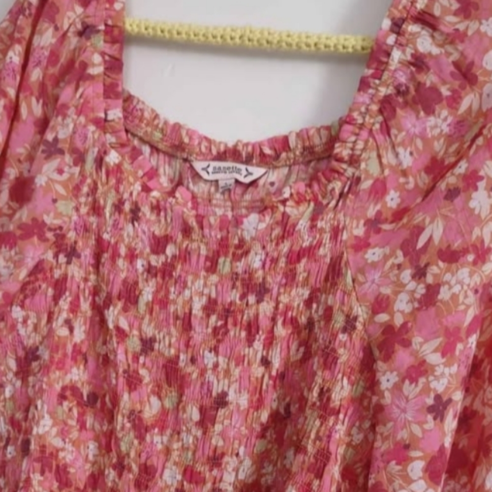 Pink Floral Smocked Top Elastic Waist - Picture 8 of 10